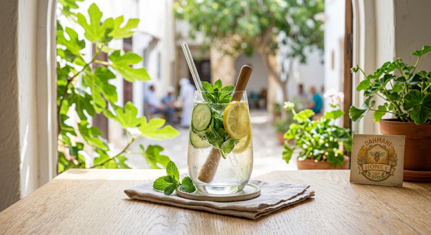 Glass of fresh infused water with cucumber, mint, and lemon slices on a bright clean table near green leaves, healthy hydration photography, bright and refreshing composition